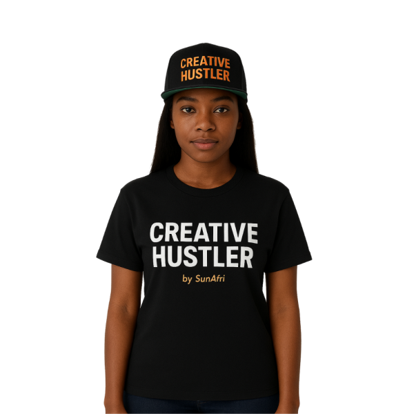 Woman wearing Creative Hustler t-shirt and cap